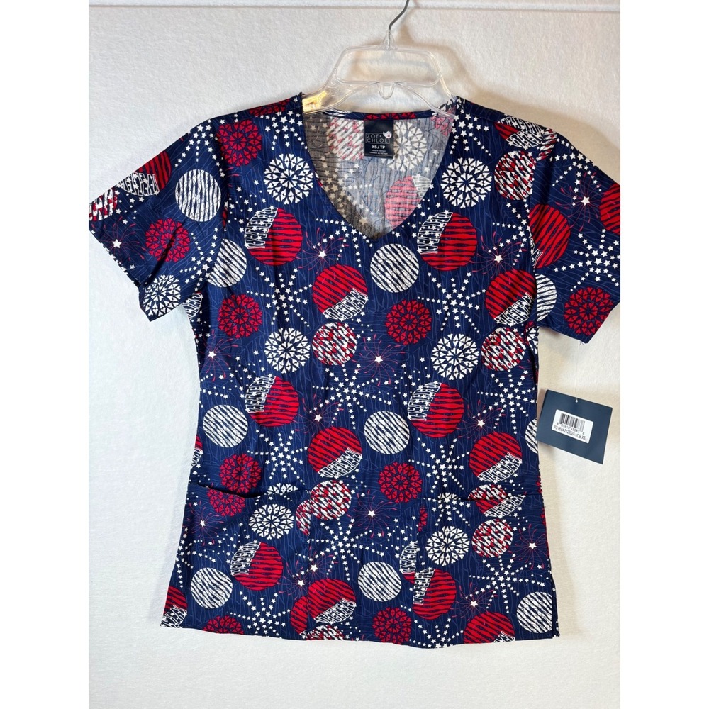 Zoe + Chloe Patriotic Fireworks Scrub Top Navy Red White Stars Z12202 Womens XS